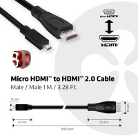 Kabel Video Micro HDMI 2.0 => HDMI 2.0 4K60Hz ST/ST 1,0m *Club3D*