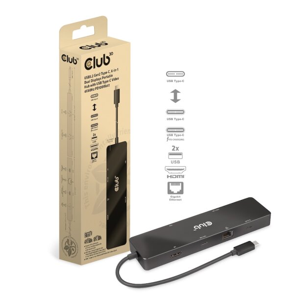 Club 3D Dockingstation - USB Typ C 6-in-1 MST Dual 4K60Hz Dual 4K60Hz *schwarz*